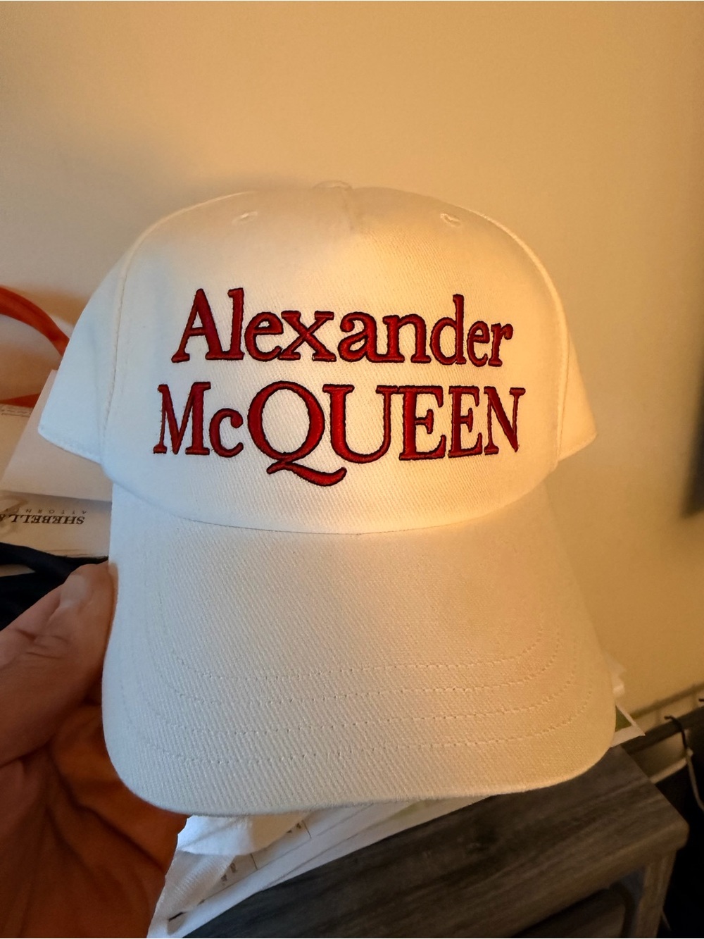 Alexander McQueen White Cap with Red Embroidered Logo